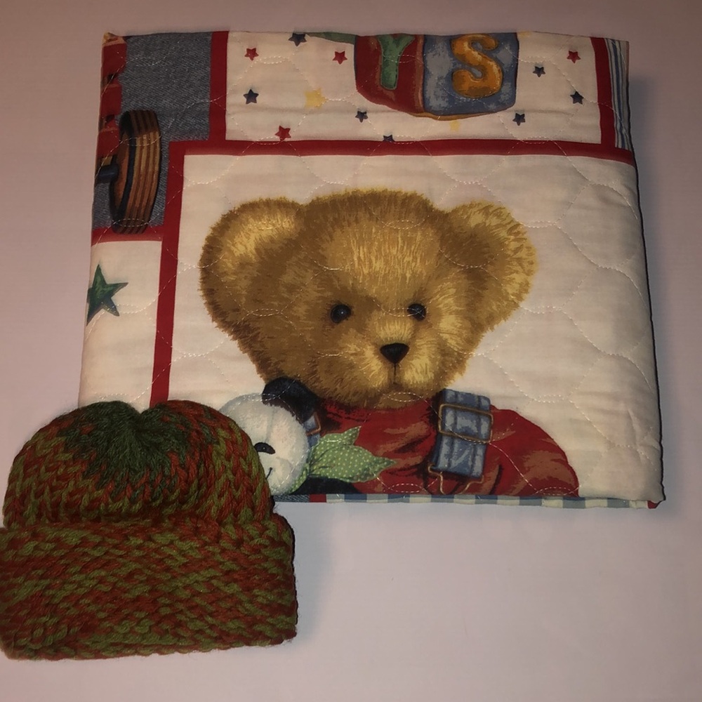 Teddy Bear Patch Blanket and Hat Set